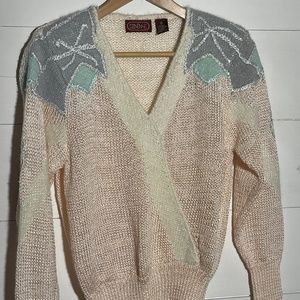 VINTAGE Women's 80's Baby Pink and Floral Sweater Size Medium